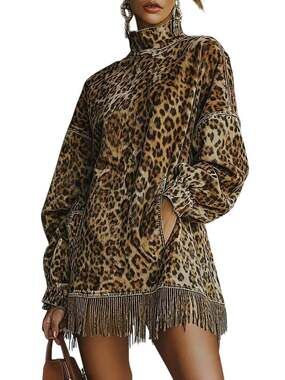 Ursime Mini Dress Party Leopard Print High Neck Lantern Sleeve Pocket Fringe Hem